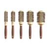 Five brown radial hairbrushes with gold accents and trim